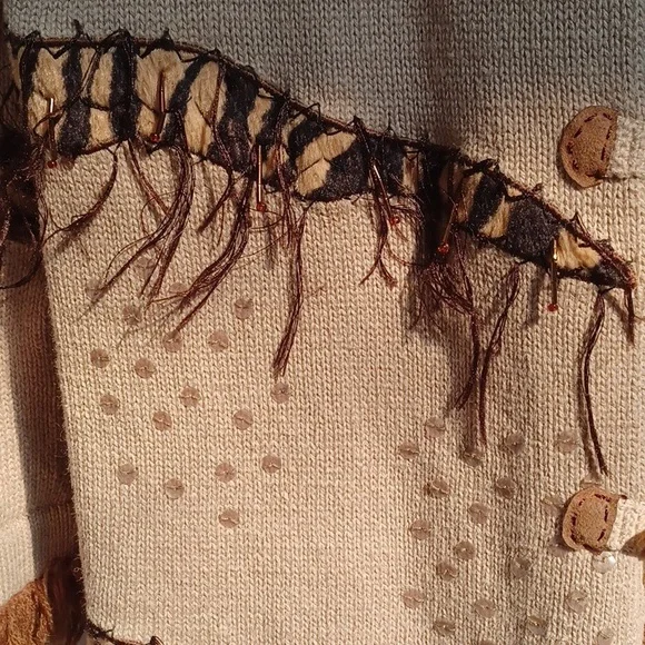 Safari Knit Faux Fur Animal Print Spots Stripes Sequins & Fringe Long Sweater - Picture 8 of 10